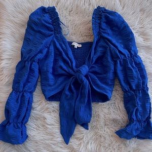 Moon River Blue Tie Up Long Sleeve Crop-Top